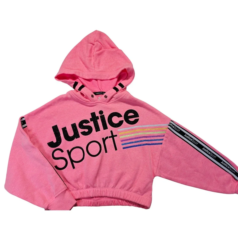 Justice Sport Girls Pink Glitter Rainbow Cropped Hoodie Sweatshirt XS 5/6
